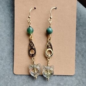 Hand Crafted Gold and Czech Glass Cat Earrings